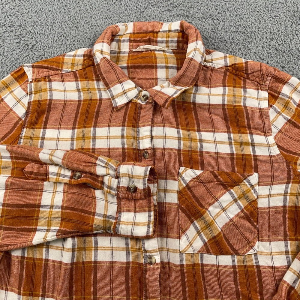 Lucky Brand Shirt Womens Large Orange Plaid Button Up Flannel Long Sleeve